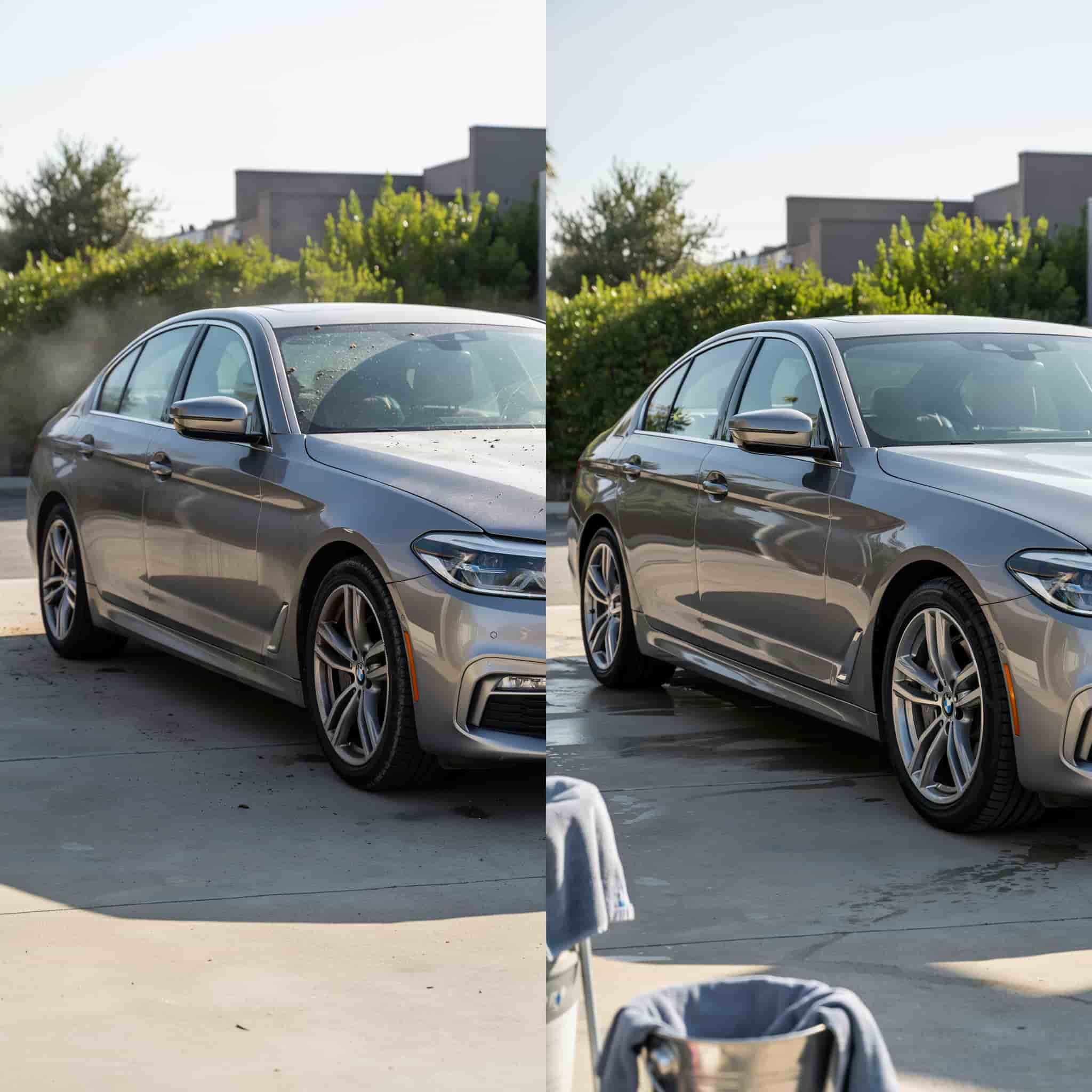 BMW 5 Series side profile showing before and after full detailing — left side dirty, right side clean and polished