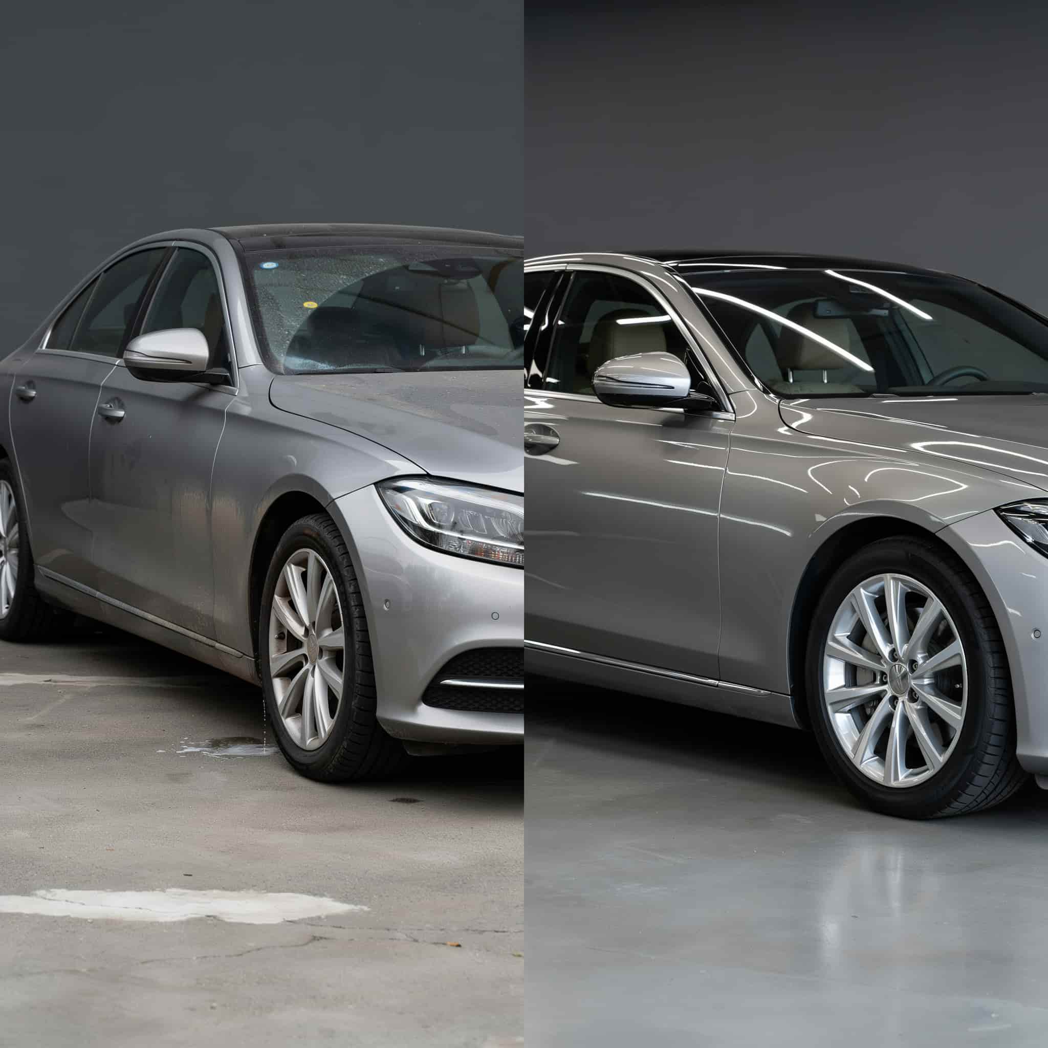 Silver sedan before and after ceramic coating application showing mirror-like reflection